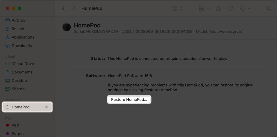 Open the Finder app, pick HomePod under Locations, and select Restore HomePod
