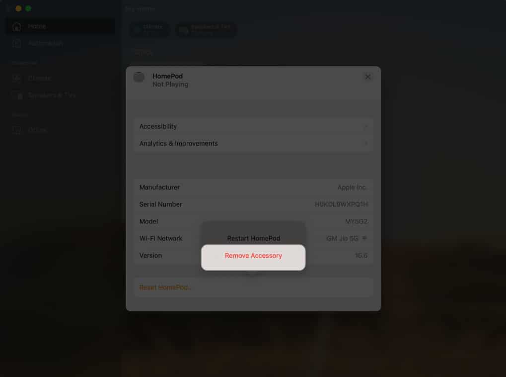 Select Remove Accessory from Home app on Mac