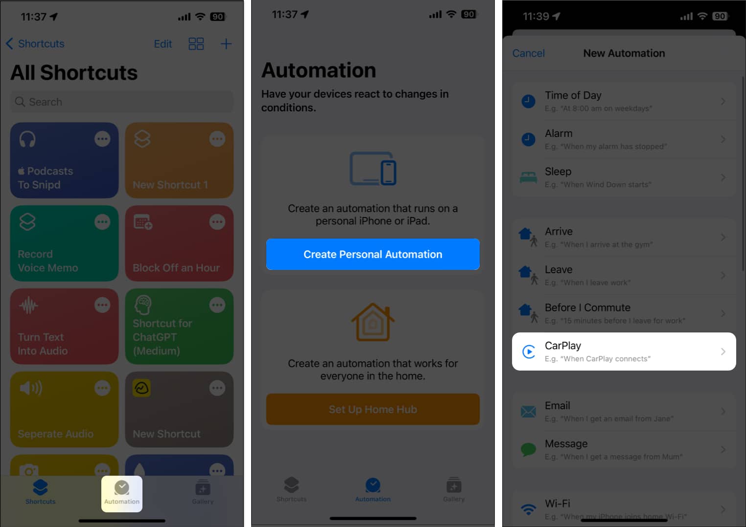 Tap Automation, Create New Automation, CarPlay in Shortcuts