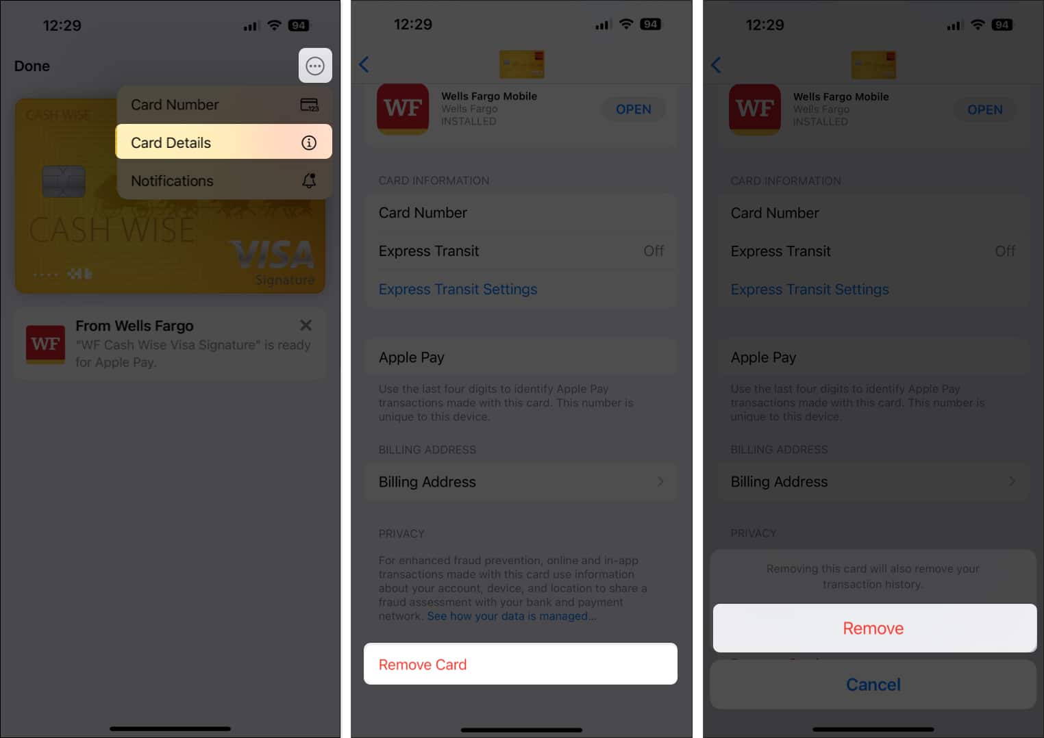 Tap on card, three dots and select Card Details, tap Remove Card and Remove