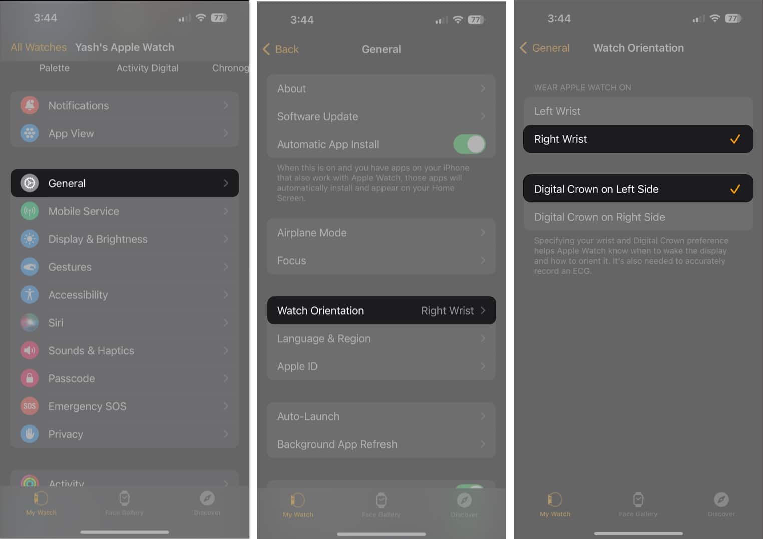 Watch, General, Watch Orientation, Wear Apple Watch On as Right Wrist and Digital Crown on Left Side