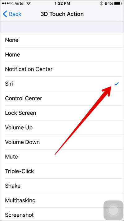 Select 3D Action in iPhone Settings