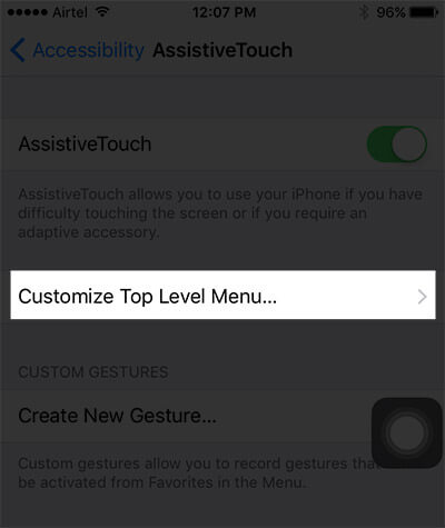 Tap on Customize Top Level Menu in iPhone Settings