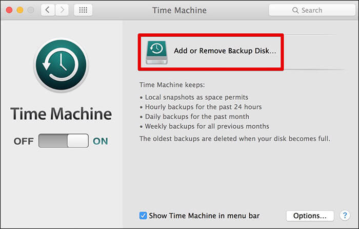 Click on Add or Remove Backup Disk on Mac