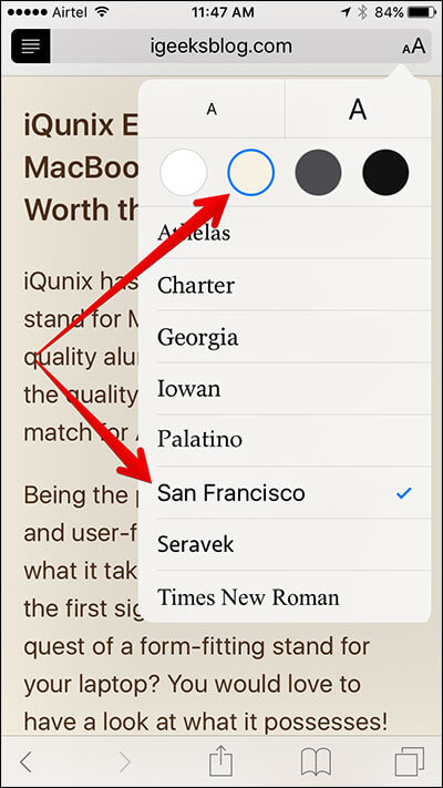 Customize Background Color and Font in Safari Mode on iPhone