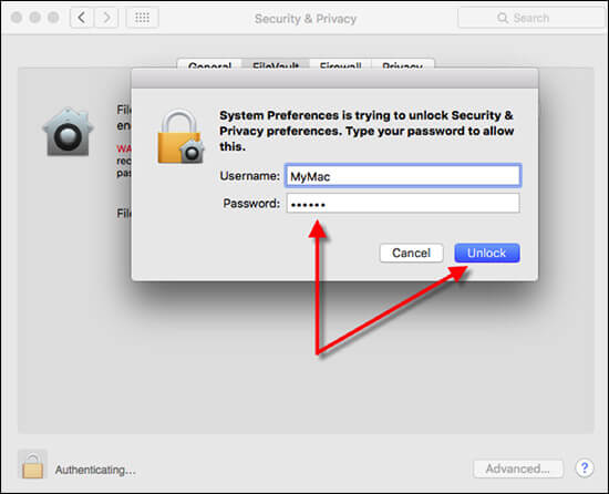 Enter System Password on Mac and Click on Unlock