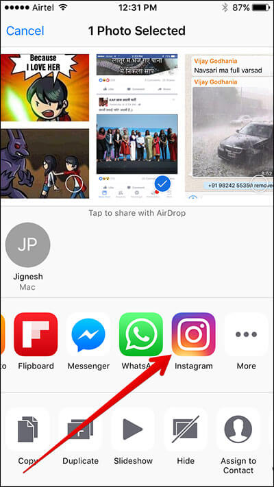 Tap on Instagram in iPhone Share Sheet