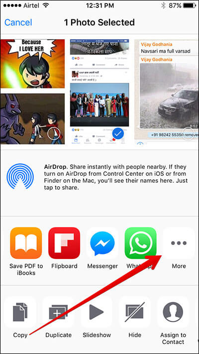 Tap on More in Share Sheet in iPhone Photos App