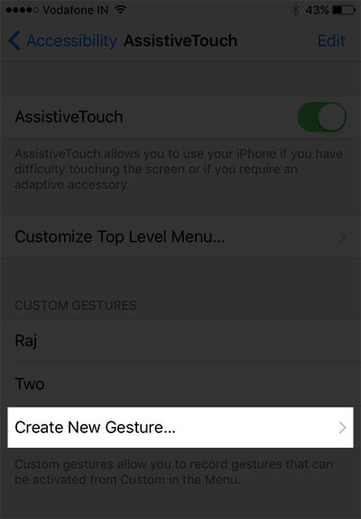 Tap on Create New Gesture in iPhone Settings