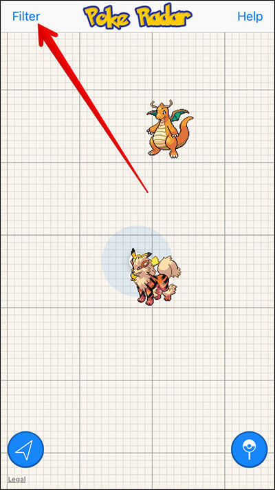 Tap on Filter in Poke Radar iPhone App