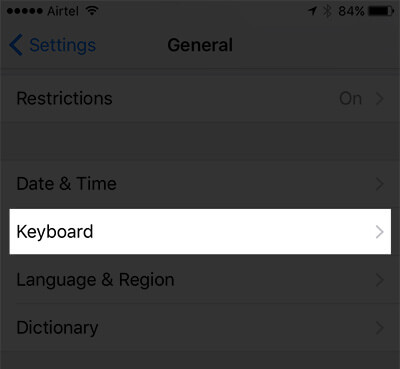 Tap on Keyboard in iPhone Settings