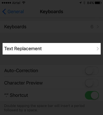 Tap on Text Replacement in Keyboard Settings on iPhone