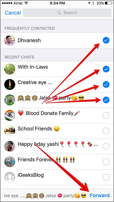 Forward WhatsApp Message to Multiple Group and Contacts