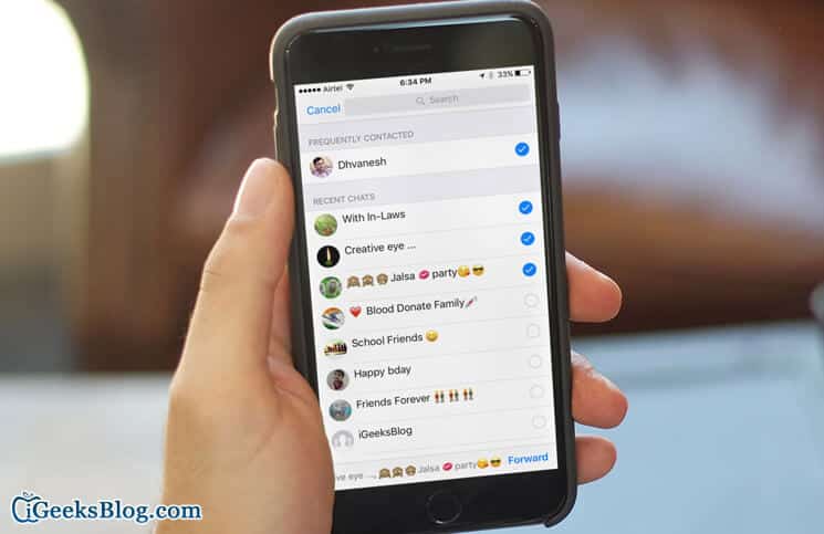How to forward whatsapp message to multiple groups and contacts on iphone at once