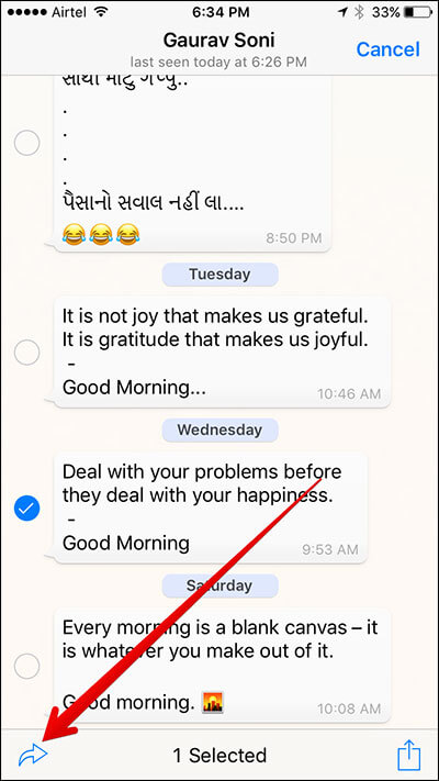 Tap on Forward Button in WhatsApp on iPhone