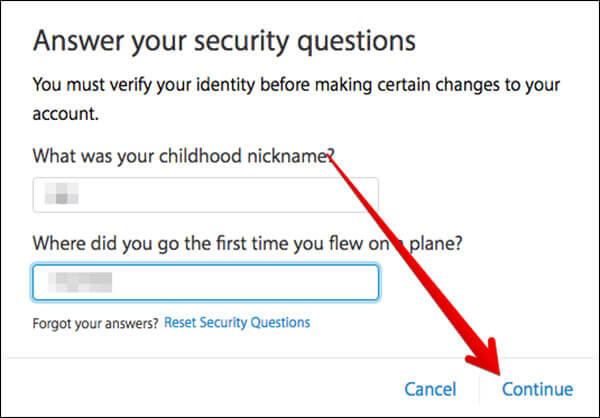 Answer Your Security Questions and Click on Continue in AppleID Website