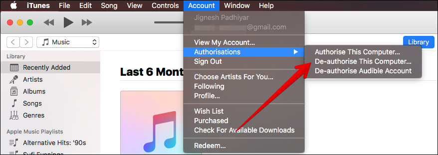 Click on De-authorise This Computer in iTunes on Mac