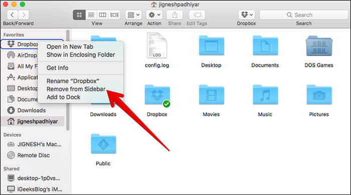 Remove Dropbox From Finder Sidebar on Mac