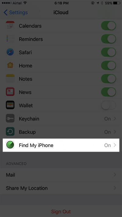 Tap on Find My iPhone on iDevice