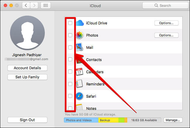 Uncheck All iCloud Options on Mac