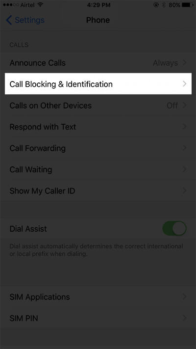 Tap on Call Blocking & Identification in iPhone Phone App Settings