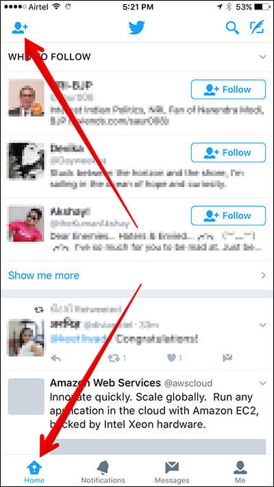 Tap on Home then Search in Twitter on iPhone
