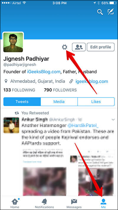 Tap on Me Tab Then Gear Icon in Twitter on iPhone