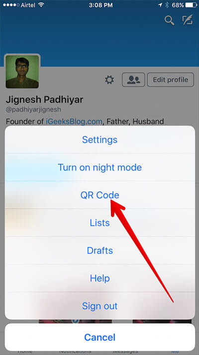 Tap on QR Code in Twitter on iPhone