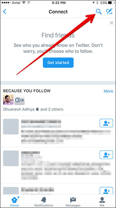 Tap on Search in Connect in Twitter on iPhone