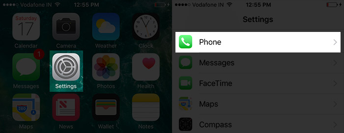 Tap on Settings Then Phone App in iOS 10 on iPhone