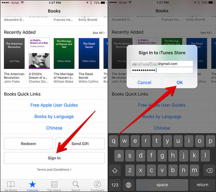 Sign into Apple ID for iBooks on iPhone