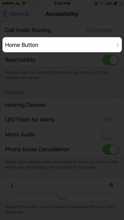 Tap on Home Button in Accessibility Settings on iPhone