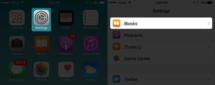 Tap on Settings Then iBooks on iPhone
