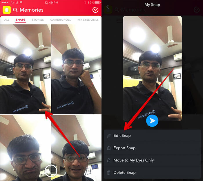 Select Photo and Tap on Edit Snap in Snapchat