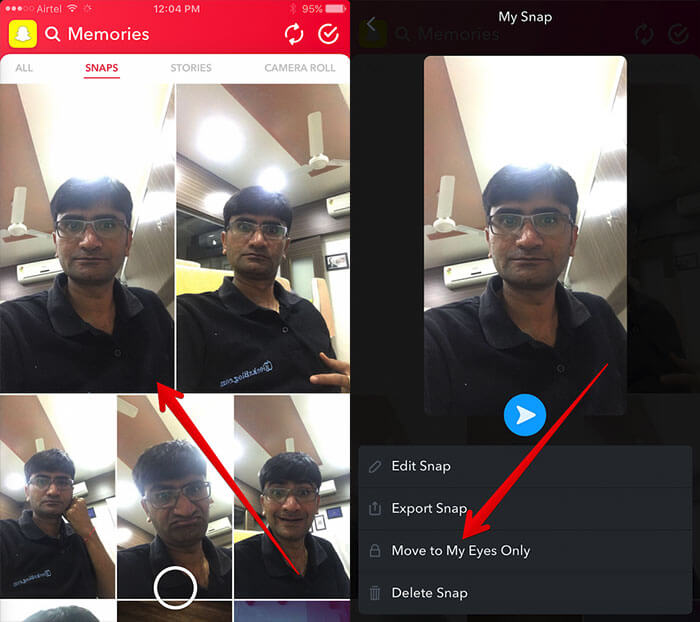 Select Snap to Move to My Eyes Only in Snapchat