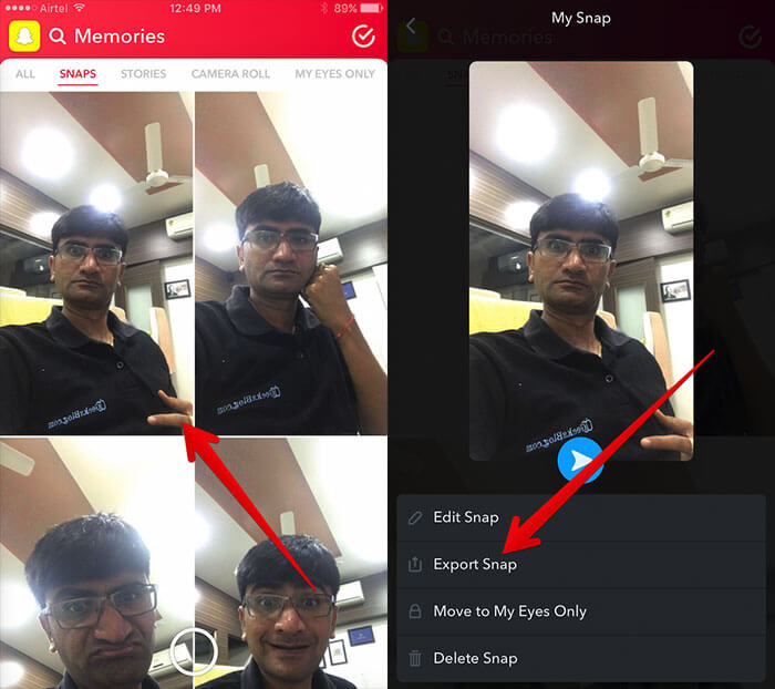 Tap on Export Snap in Snapchat on iPhone