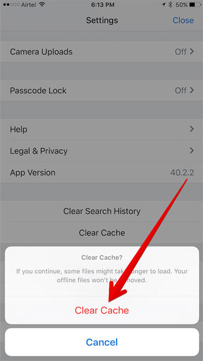 Clear Dropbox Cache on iPhone and iPad