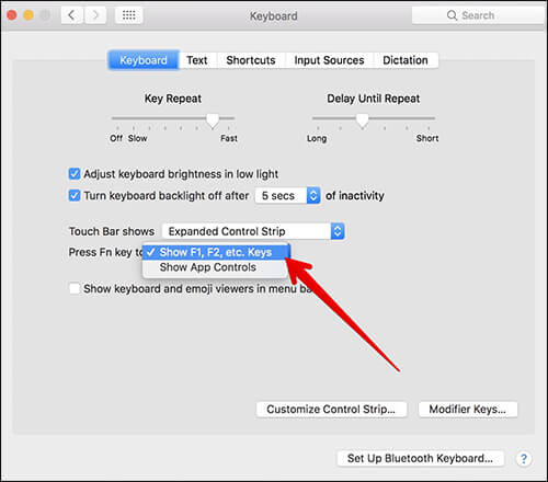 Click on Show F1, F2, etc Keys on MacBook Pro