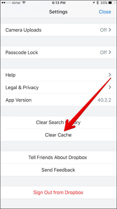 Tap on Clear Cache in Dropbox on iPhone