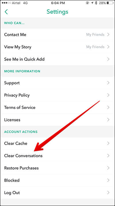 Tap on Clear Conversations in Snapchat on iPhone