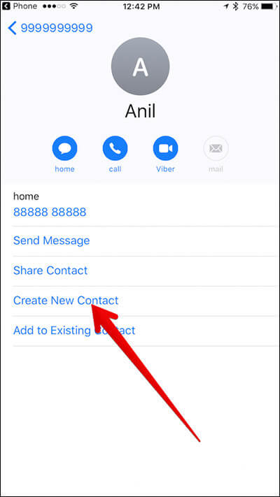 Tap on Create New Contact on iPhone