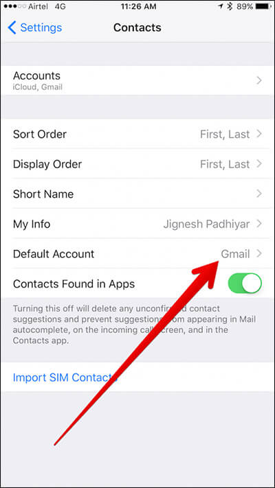 Tap on Default Account in iPhone Contacts Settings