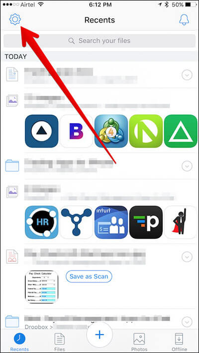 Tap on Gear Icon in Dropbox on iPhone