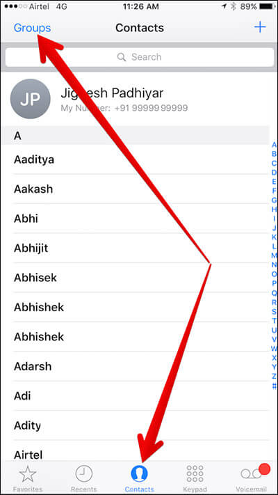 Tap on Groups in iPhone Contacts