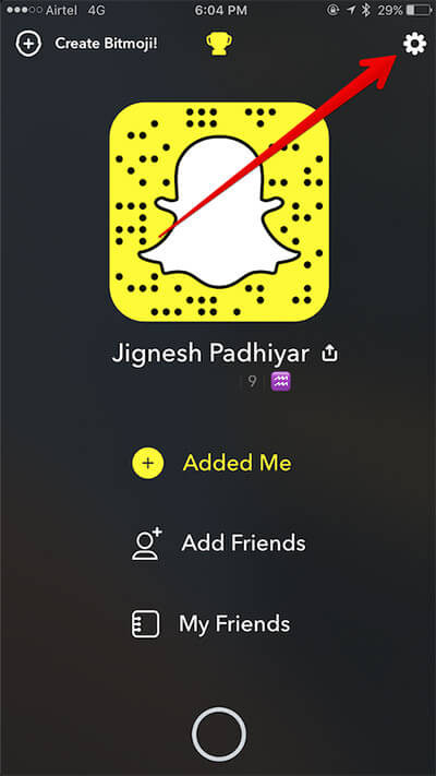 Tap on Settings Icon in Snapchat on iPhone