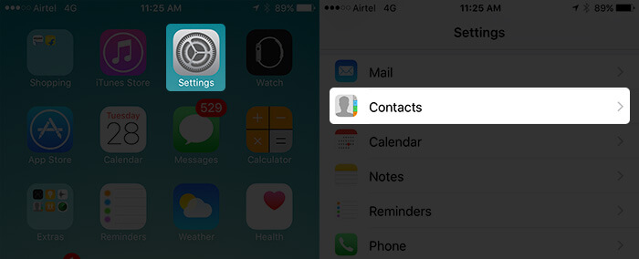 Tap on Settings then Contacts on iPhone