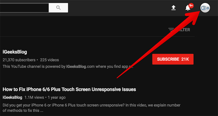 Click Again on Profile Icon in YouTube