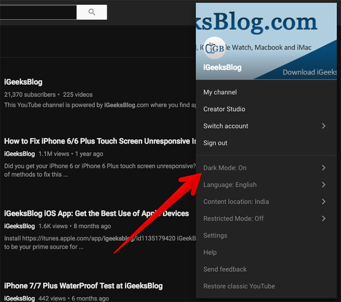 Click on Dark Mode Again in Youtube