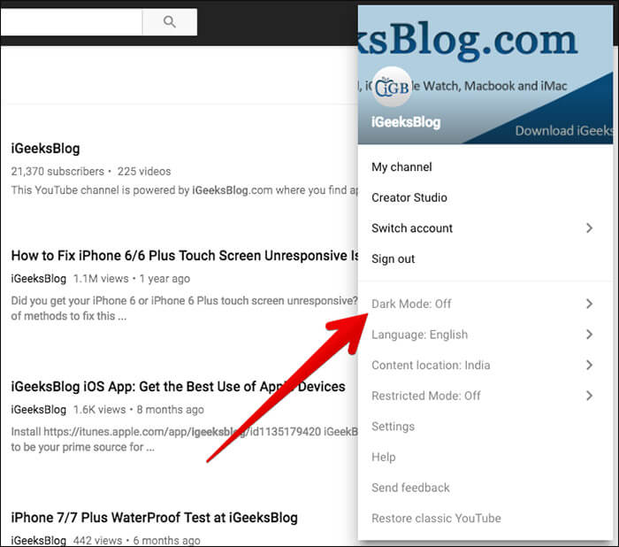 Click on Dark Mode in YouTube
