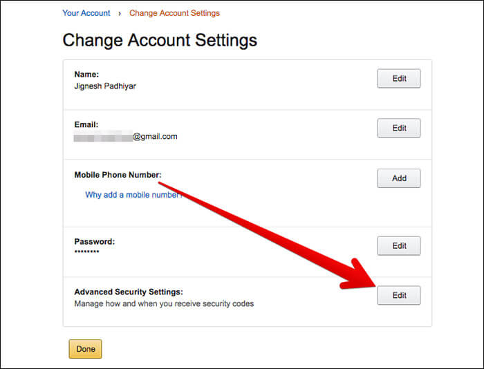 Click on Edit in Advanced Security Settings in Amazon